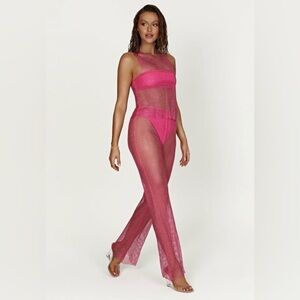 MESHKI Pink Diamanté Mesh Top & Pants Set - Size M